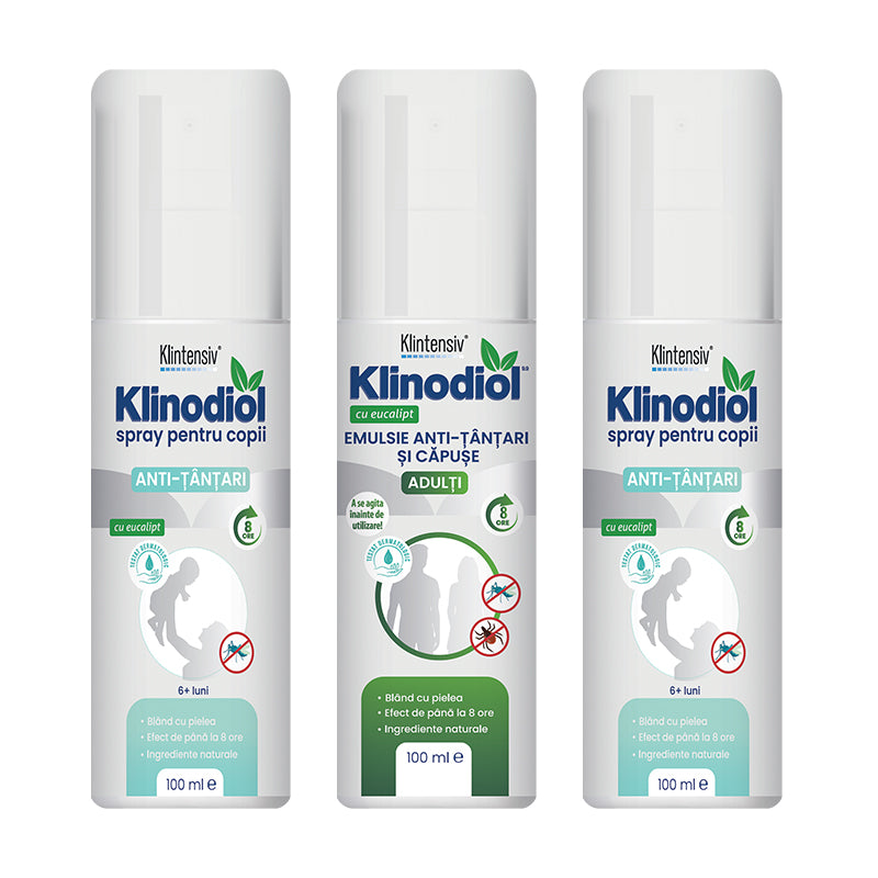 Pachet Klinodiol, emulsie anti-tânțari și căpuse adulți și spray anti-țânțari copii